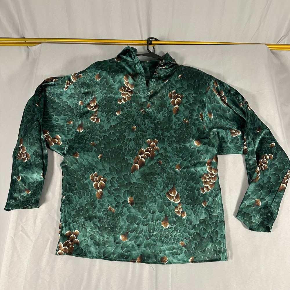 Regina Porter Vintage Green Peacock Feather Print Satin Blouse Womens 12 Retro